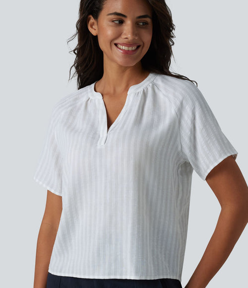 Blouse col V manches courtes à rayures aspect lin