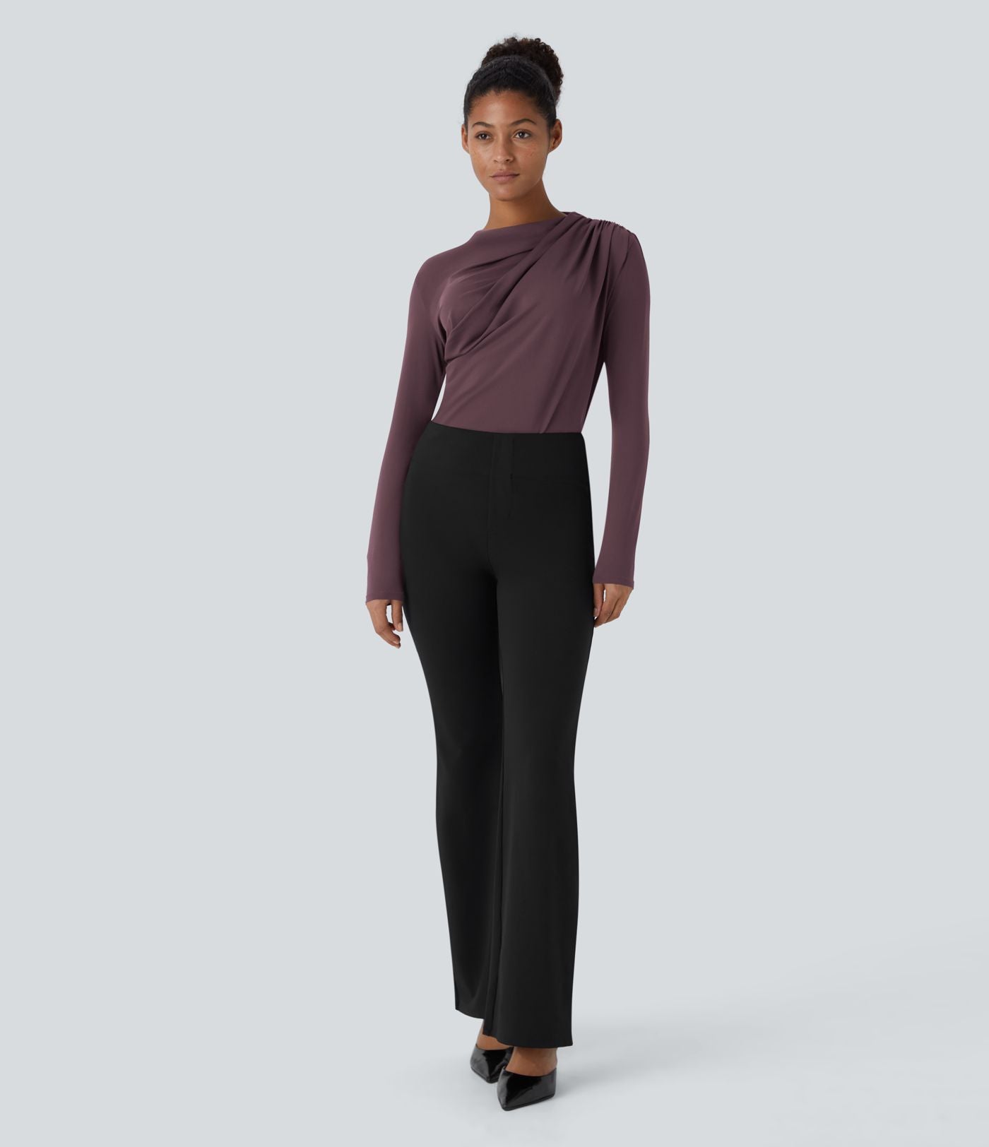 Cowl Neck Ruched Long Sleeve Slim Work Top
