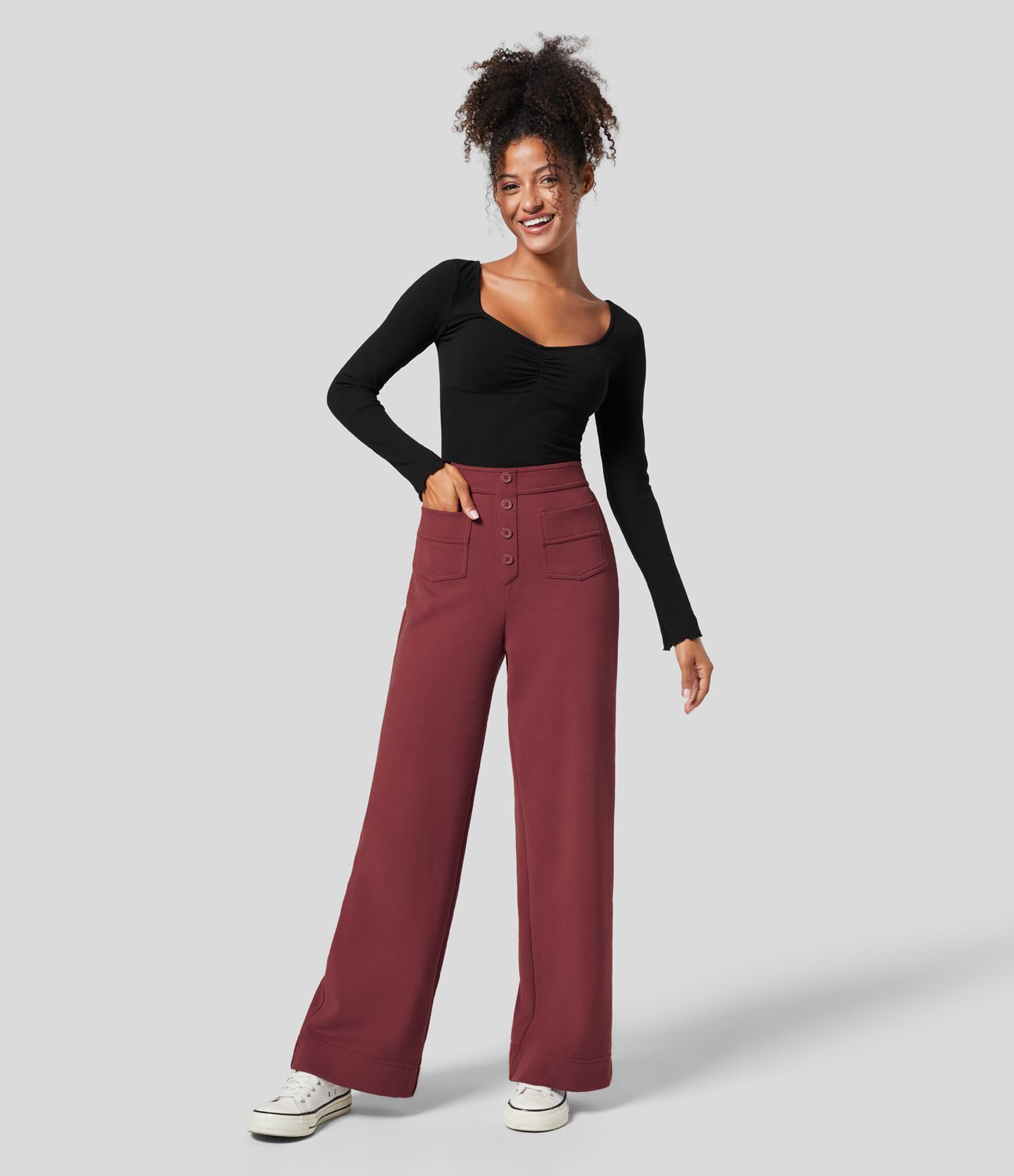 Pantalon Jogging en Fleece Thermique Jambe Droite Boutons Taille Haute Plusieurs Poches
