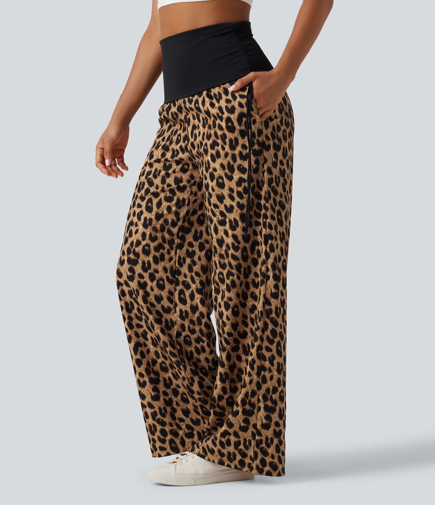 Pantalon baggy casual à imprimé léopard taille haute à revers avec fronces, cordon et poches