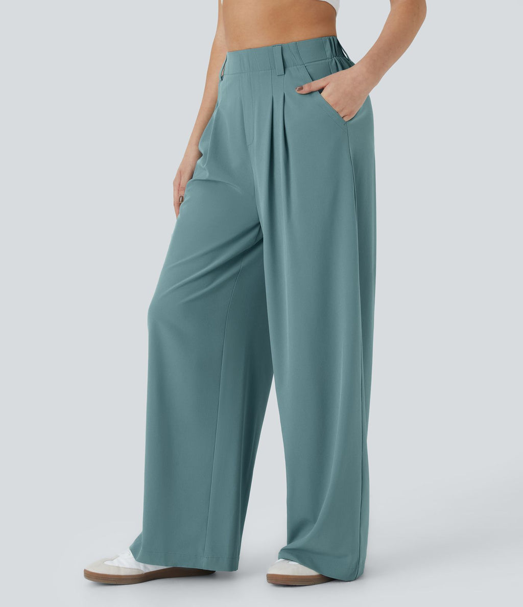 Breezeful™ Pantalon Large Fluide Taille Haute Poches Latérales Palazzo Solide Casual Linen-Feel