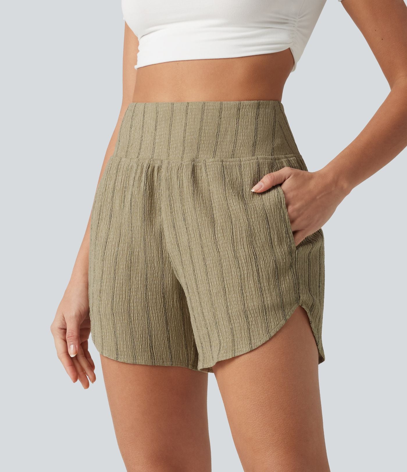 Short casual taille haute ourlet arrondi rayures avec poches