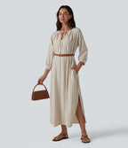 Robe midi casual à rayures aspect lin col V avec nœud, manches 3/4 fendues et poches