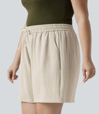 Short casual aspect lin grande taille taille haute avec cordon de serrage et poches