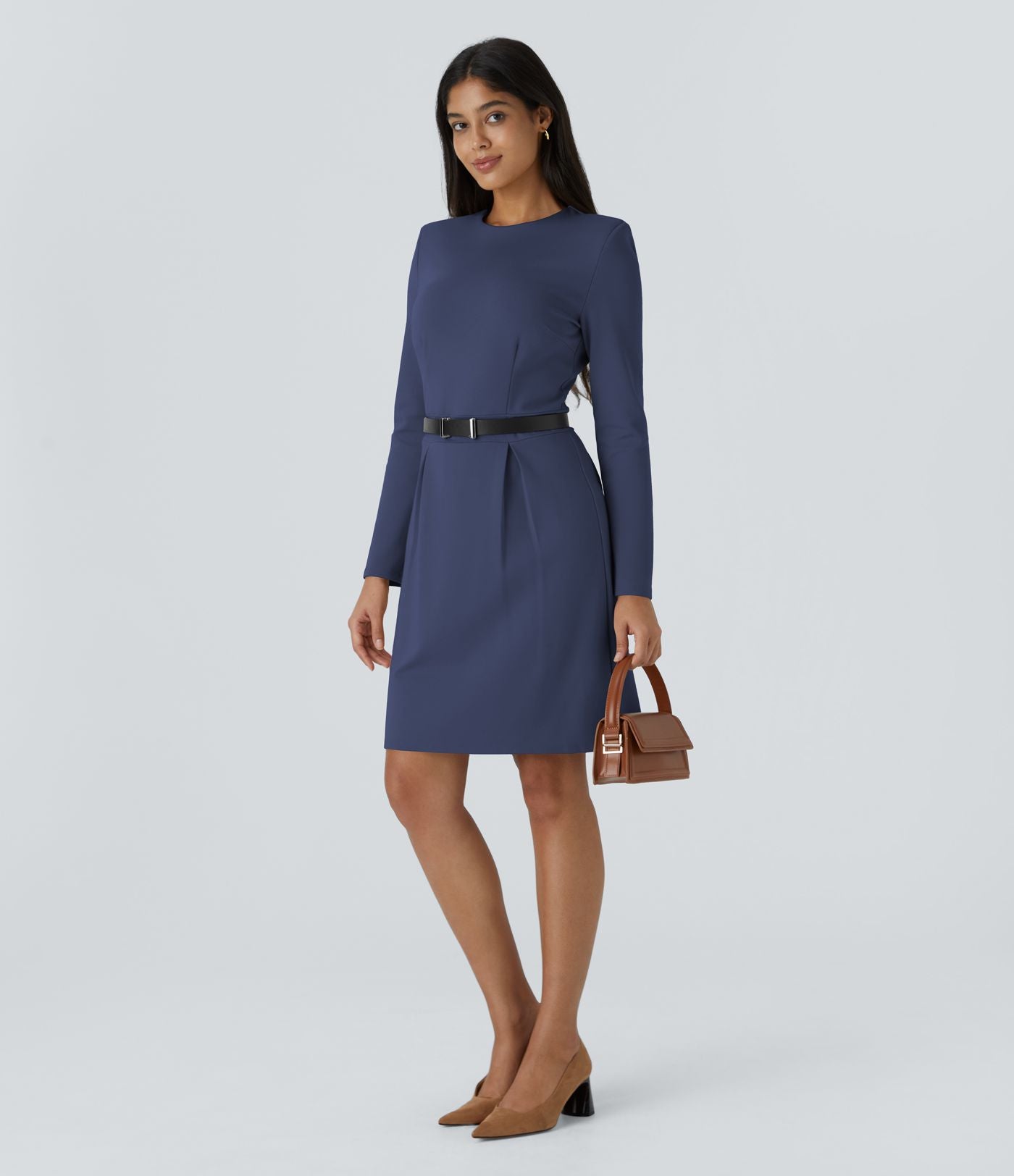 Robe de travail mini ajustée col rond à épaulettes à manches longues et ourlet