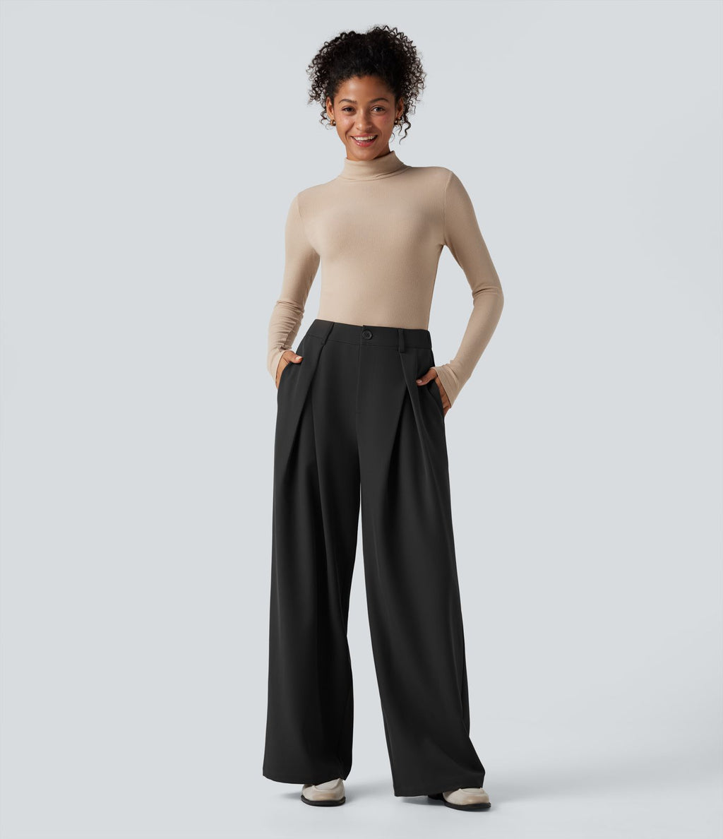 Pantalon tailleur large, taille haute, à poches