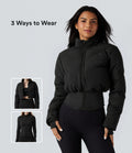 PuffFlex Manteau doudoune 3-en-1 court casual à col montant et veste à ourlet arrondi avec passants pouces et poche