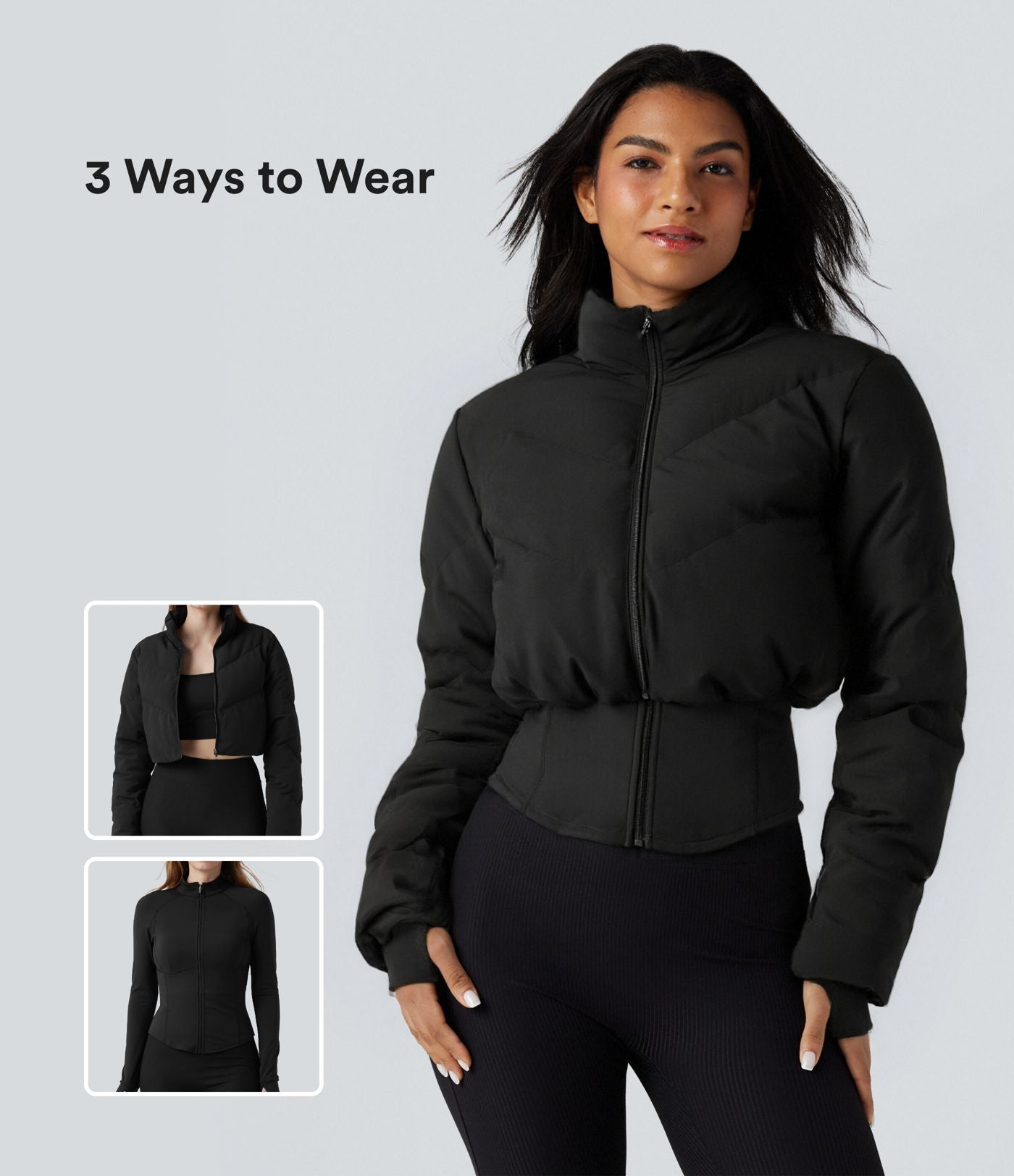 PuffFlex Manteau doudoune 3-en-1 court casual à col montant et veste à ourlet arrondi avec passants pouces et poche