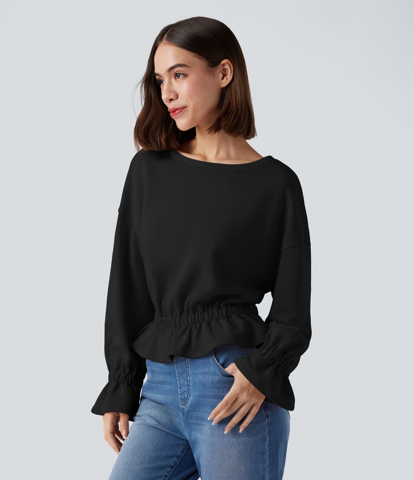 Sweat-shirt en coton col rond à manches longues avec ourlet à volants