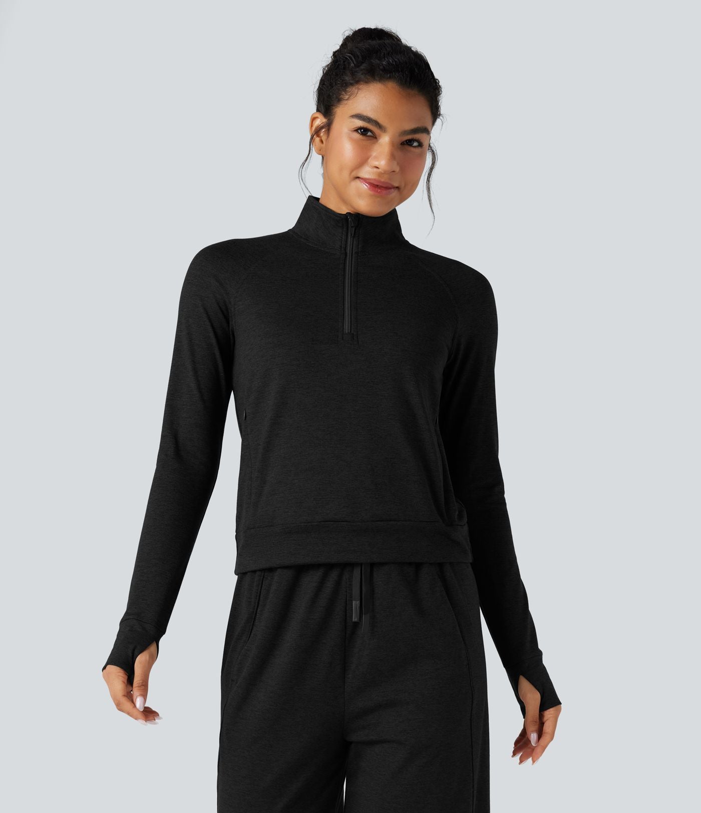 Sweat-shirt polaire thermique chiné séchage rapide demi-zip avec trous pouces et poches - UPF40+