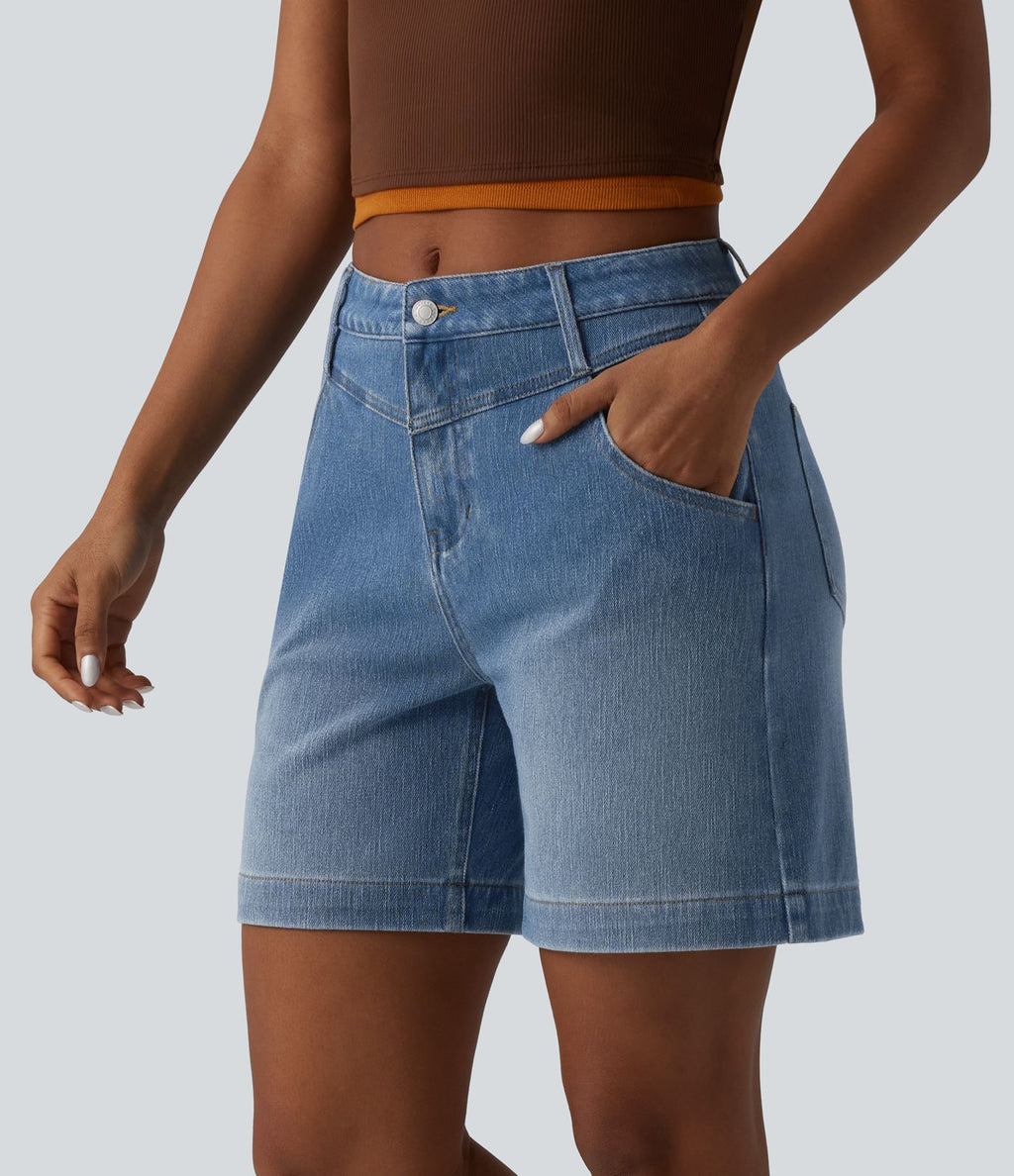 Short denim ample décontracté Halara Flex™ délavé taille mi-haute ourlet roulotté avec poches