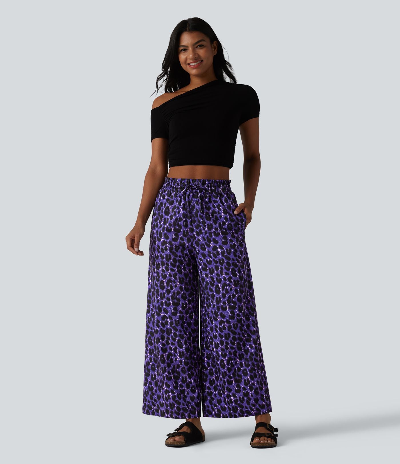 Pantalon large et fluide à imprimé léopard, taille haute avec cordon de serrage et poches latérales