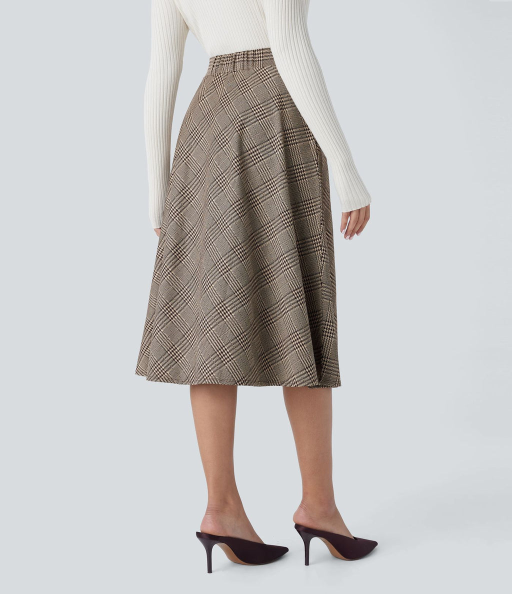 Jupe midi évasée à taille haute et poches latérales, motif pied-de-poule