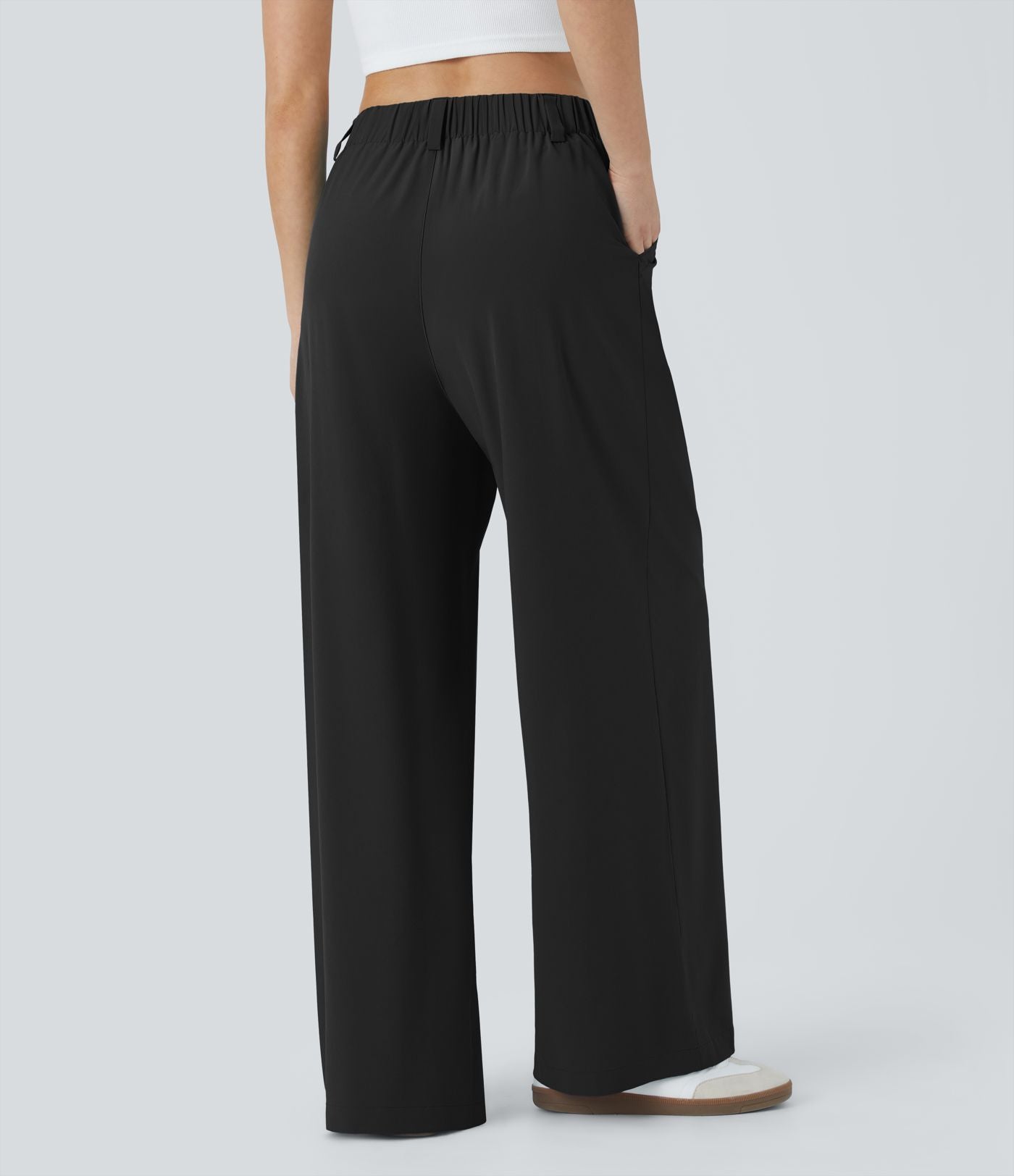 Breezeful™ Pantalon Large Fluide Taille Haute Poches Latérales Palazzo Solide Casual Linen-Feel