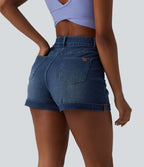 Short denim décontracté Halara Flex™ gainant taille haute ourlet roulotté avec poches