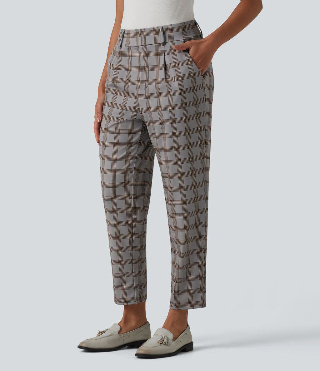 Halara Flex™ Pantalon tailleur fuselé taille haute à carreaux tartan, avec poches