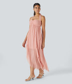 Robe de Vacances Maxi Fluide à Dos Nu en Tube avec Dos Lacé et Volants Drapés