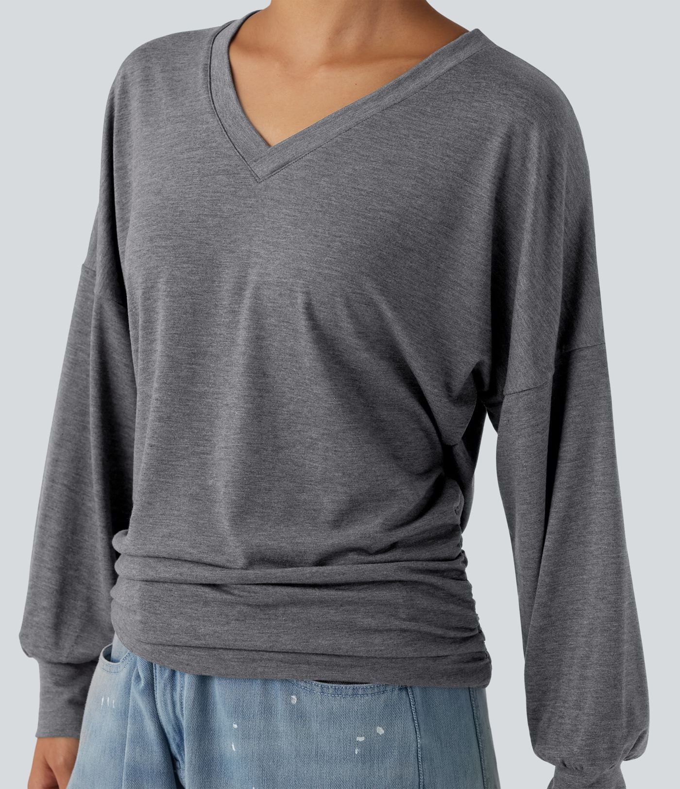 T-shirt décontracté à col V, manches longues et fronces, coupe ample