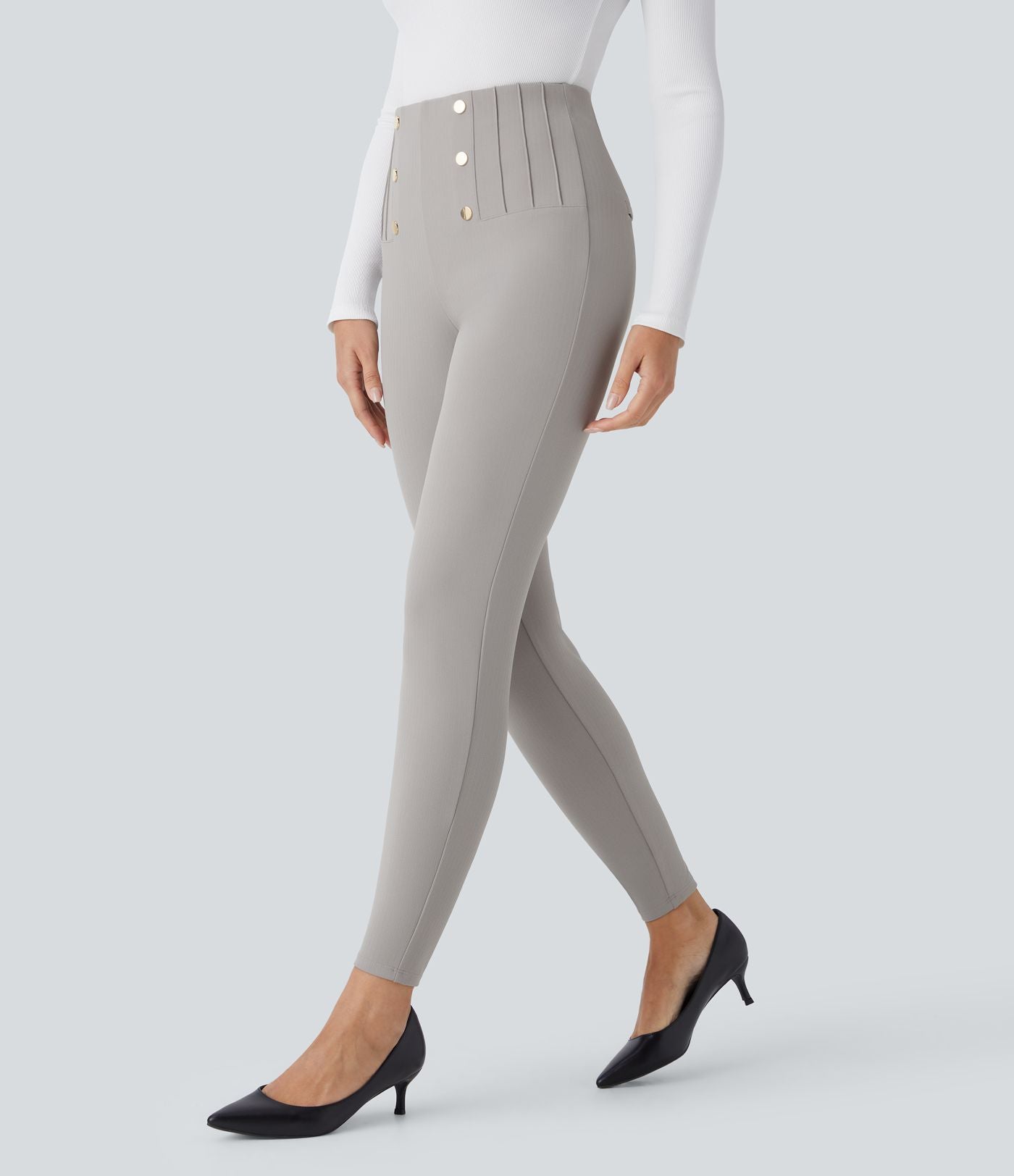 Pantalon tailleur skinny gainant taille haute à chevrons avec poches arrière zippées décoratives