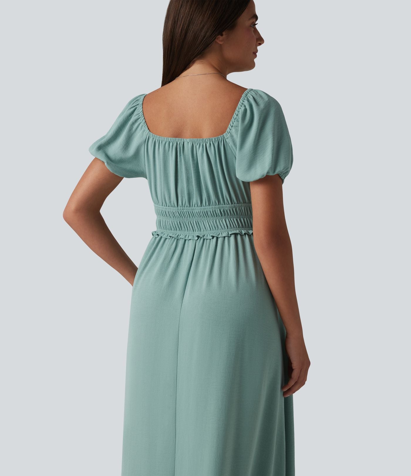 Robe longue fluide et décontractée en lin, à col carré, manches bouffantes, soutien-gorge intégré froncé et poches