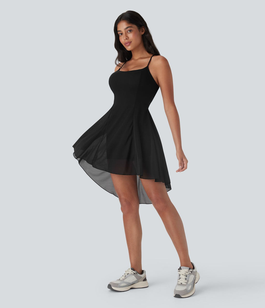 Robe de sport danse mini 2-en-1 laçage asymétrique résille contrastante fluide avec poche E-G