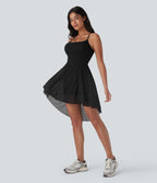 Robe de sport danse mini 2-en-1 laçage asymétrique résille contrastante fluide avec poche E-G
