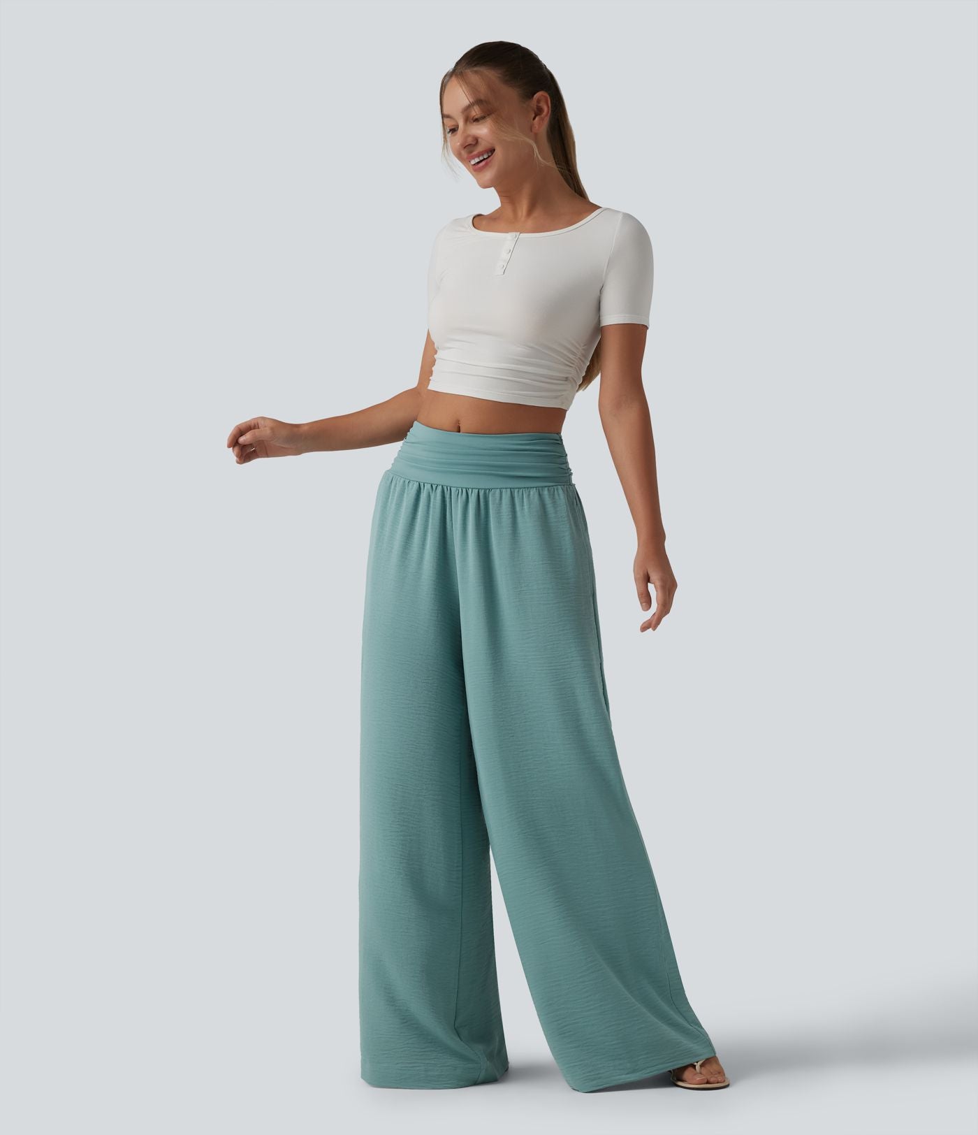 Pantalon ample taille haute ventre plat aspect lin avec fronces et poches