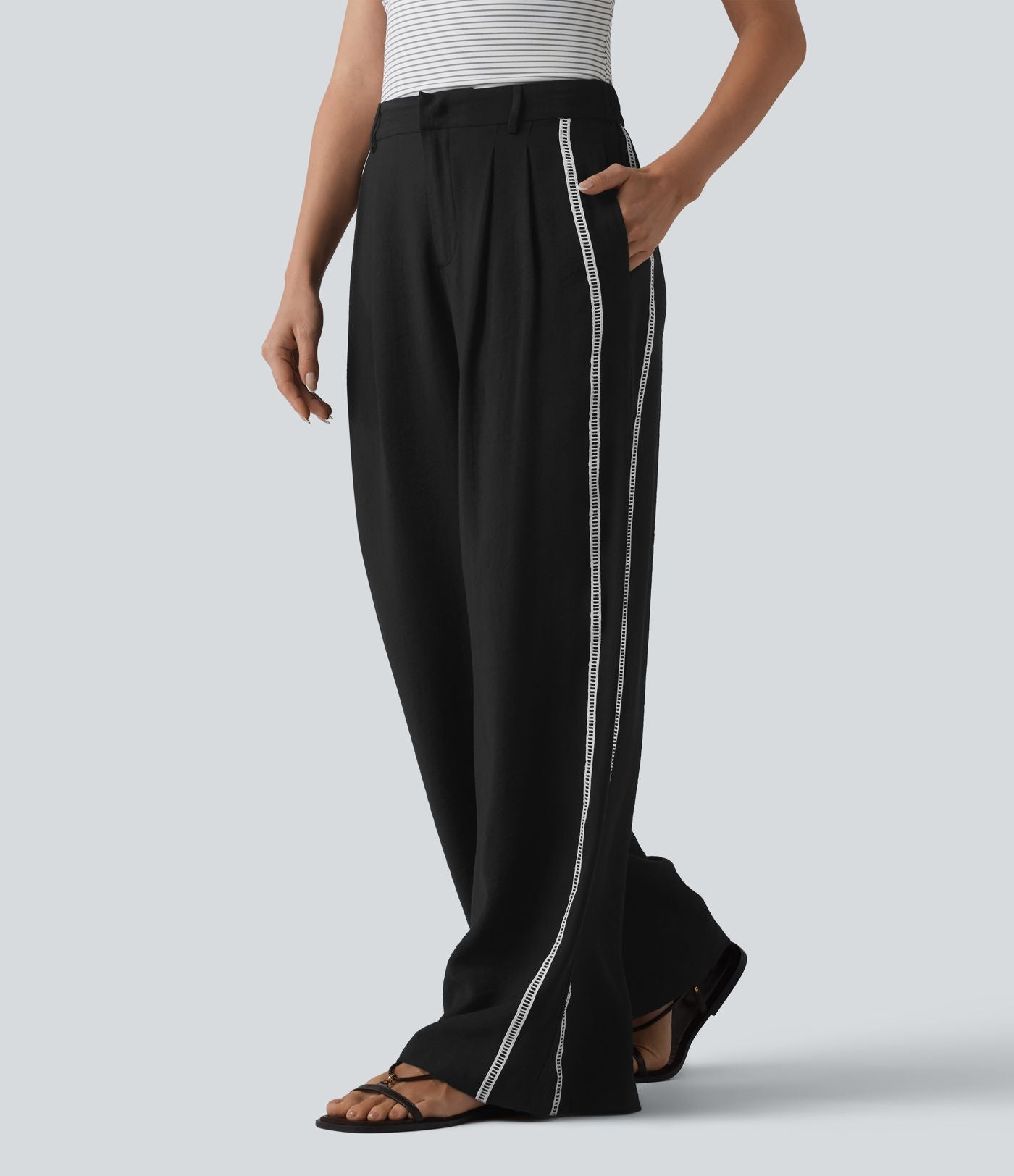 Pantalon large fluide décontracté taille haute color block aspect lin avec poches