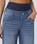 Jean large délavé Halara Flex™ taille haute gainant avec poches