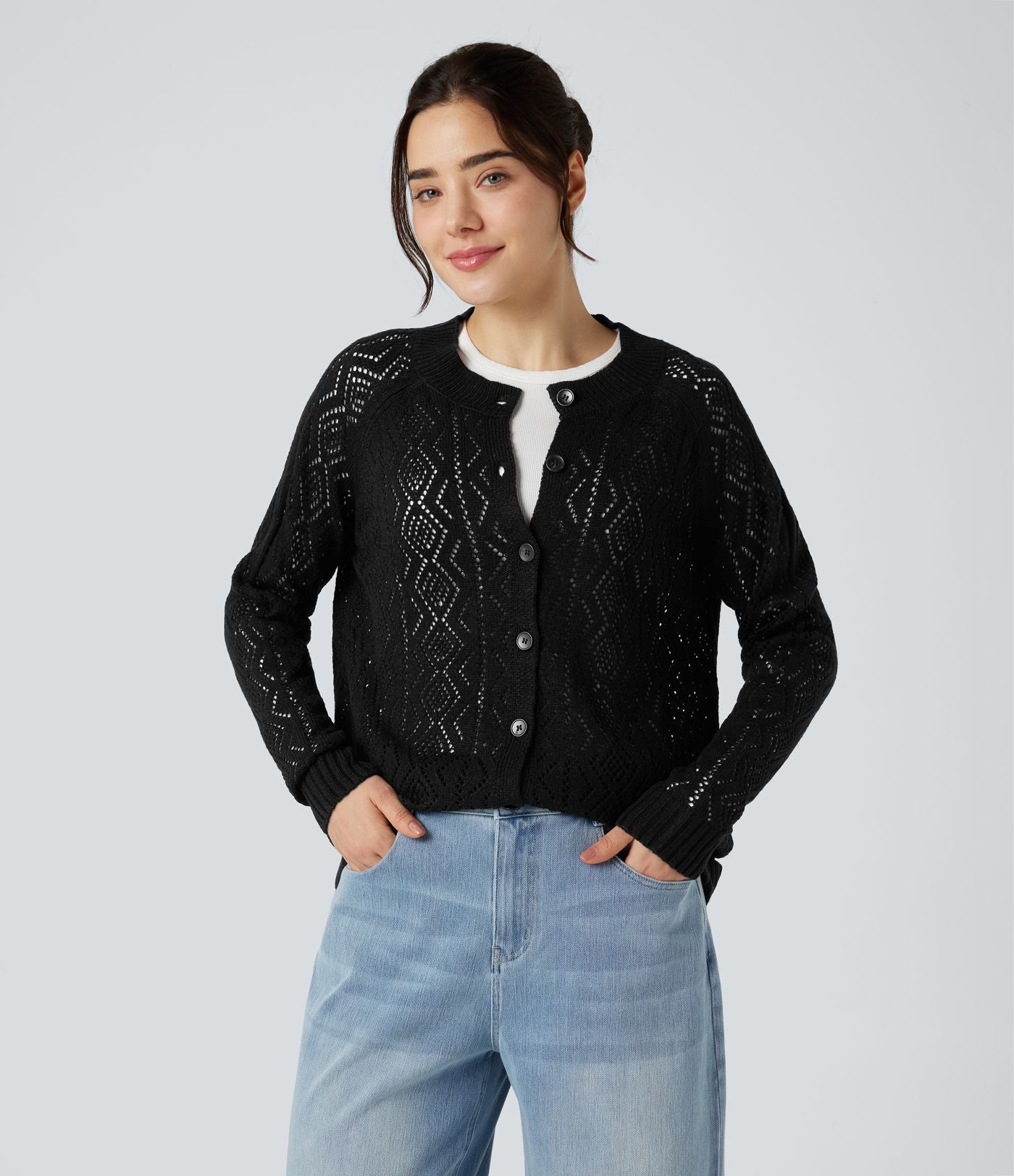 Cardigan ajouré col rond manches longues avec boutons