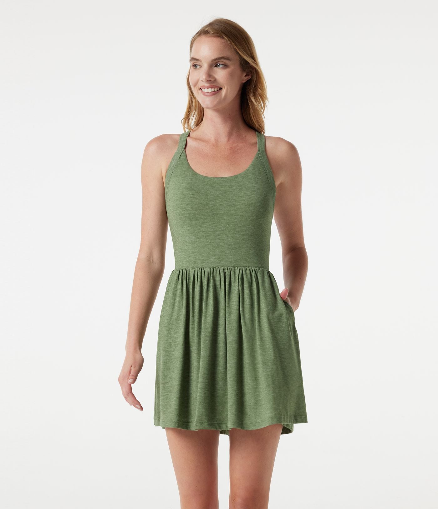 Robe mini casual fluide 2-en-1 col U avec brassière intégrée et poches — Édition Easy Peasy