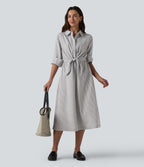 Robe chemise midi habillée à col, manches longues, lien à nouer devant et rayures
