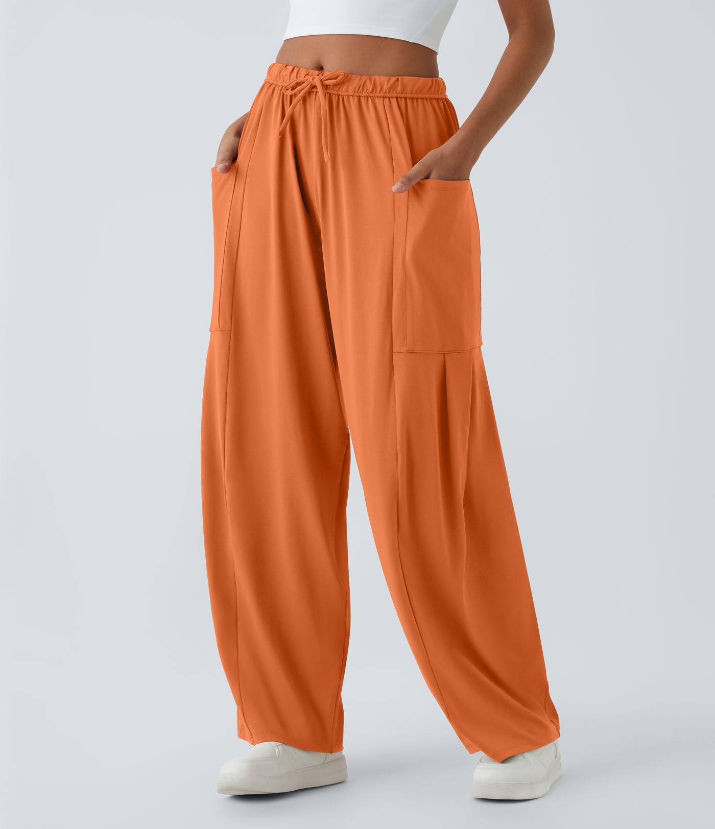 Pantalon Large Fluide Taille Mi-Haute Taille Élastique Cordon Poches Latérales Ourlet Flottant