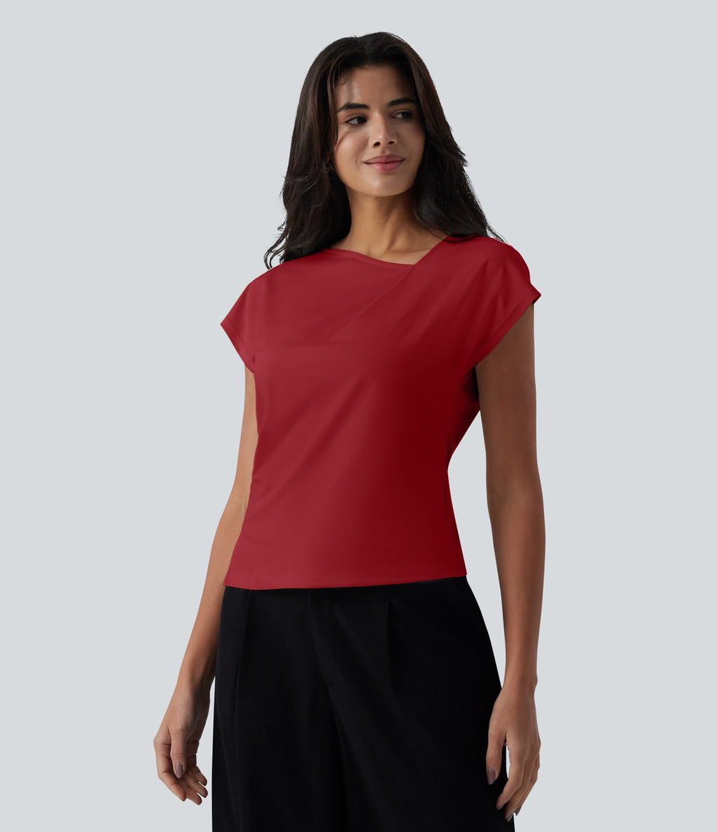 Blouse tailleur asymétrique col drapé manches courtes avec fronces et ourlet fendu