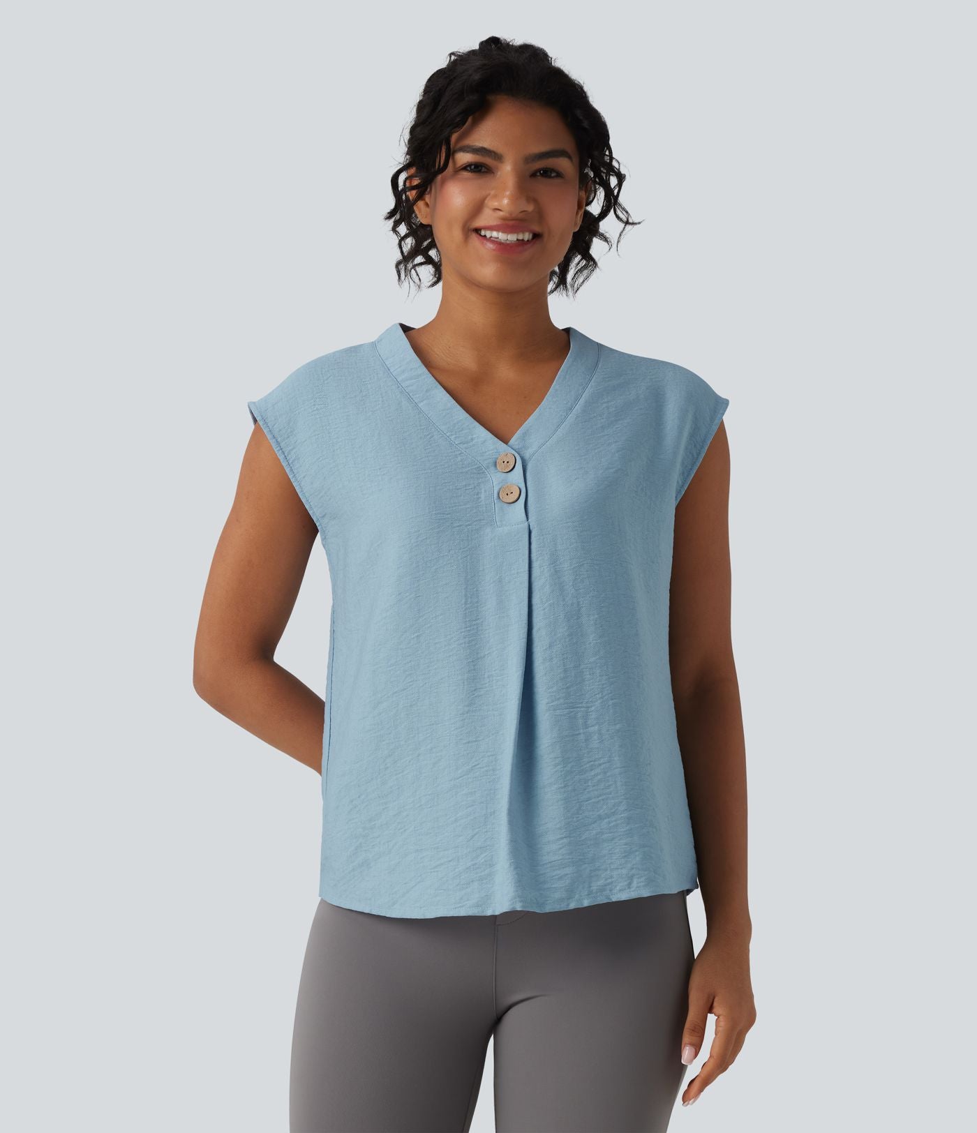 Blouse de Travail Col V Manches Courtes avec Boutons Décoratifs