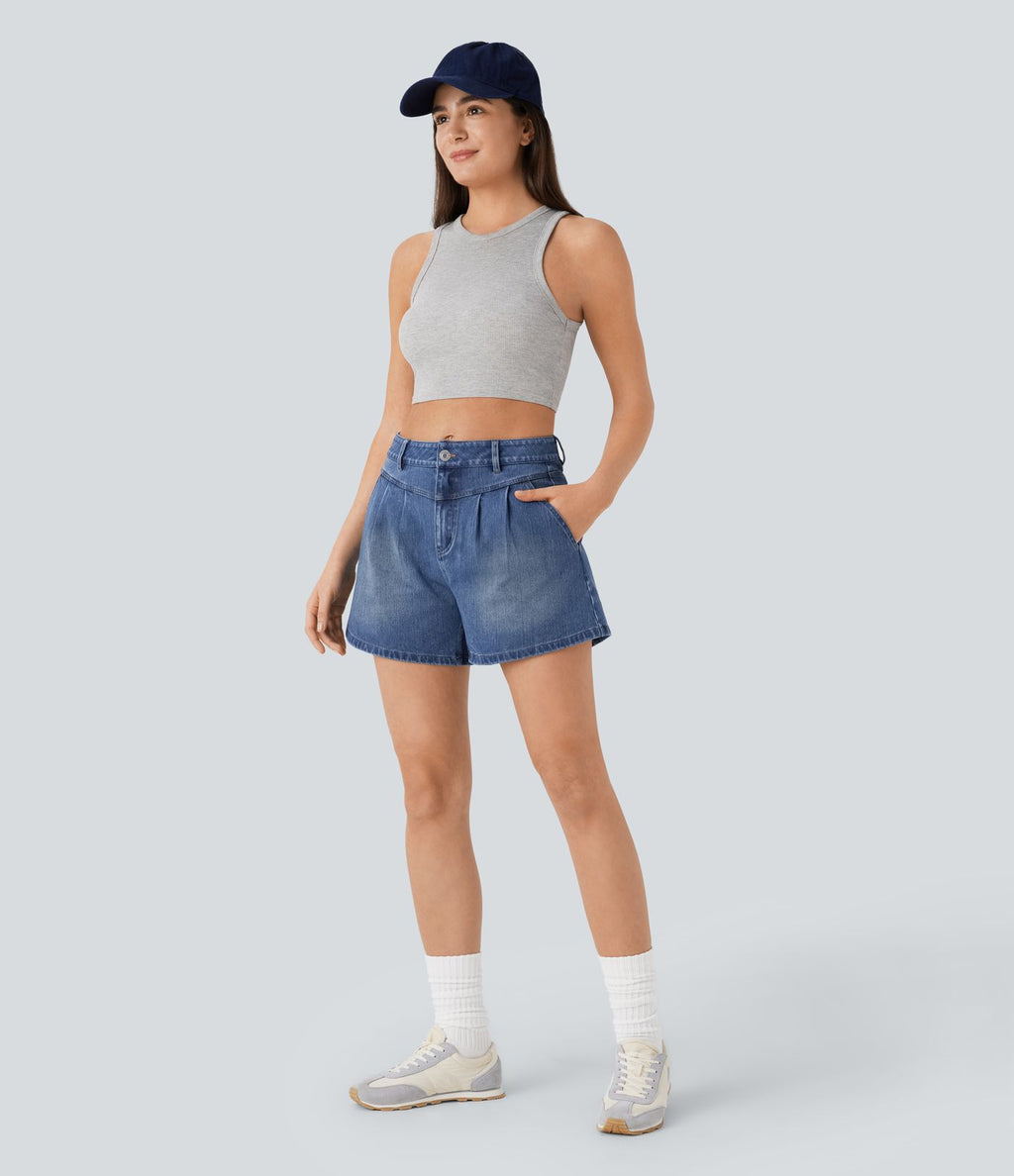 Halara Flex™ short décontracté taille haute en jean extensible délavé avec poches multiples