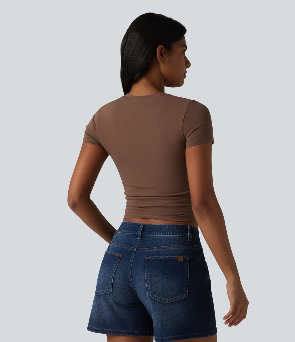 T-shirt casual Halara en jersey de coton col rond à manches courtes froncé avec brassière intégrée