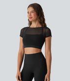 Haut de sport yoga court 2-en-1 dos nu col licou manches courtes mesh contrastant