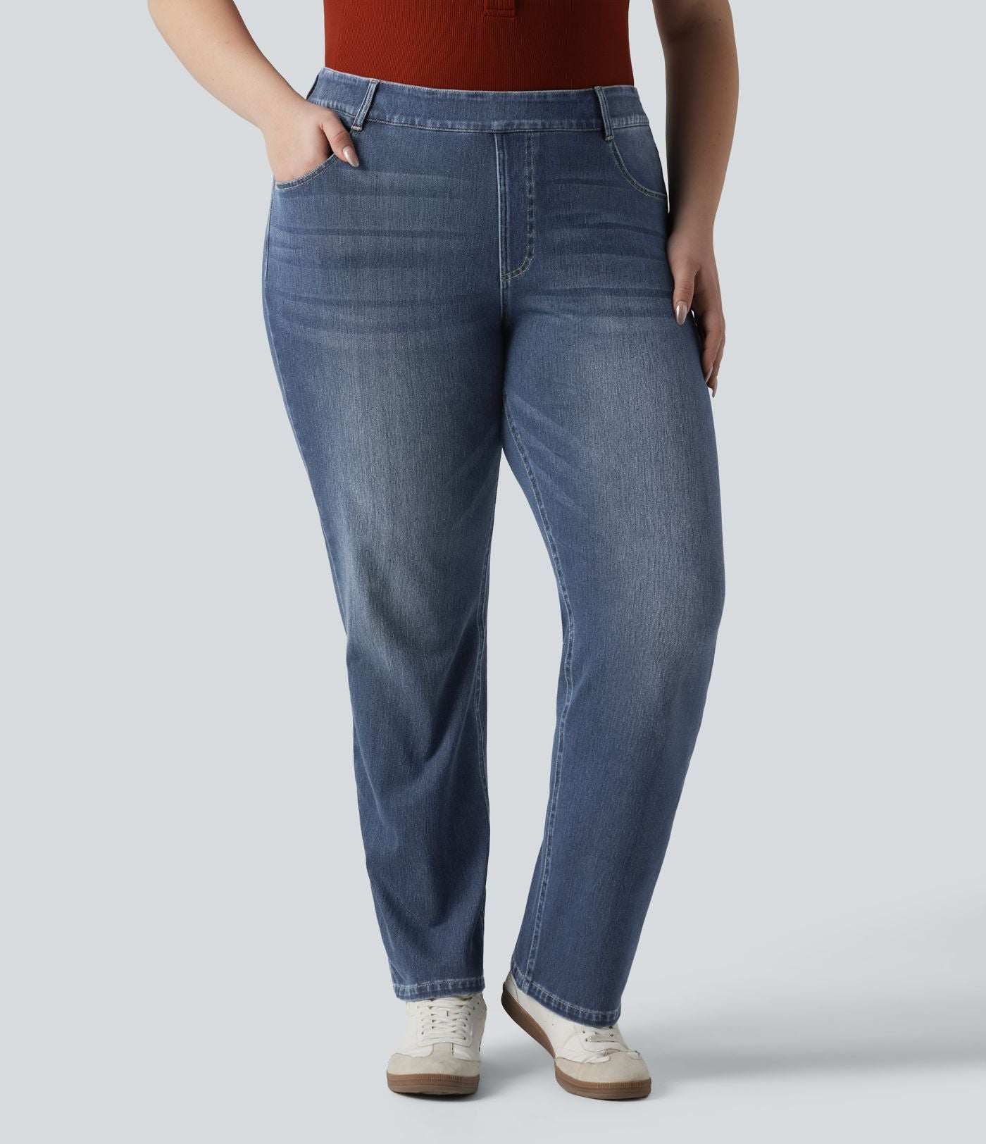Jean décontracté Halara Flex™ grande taille, taille haute, multiples poches, jambes droites, effet délavé, en maille extensible