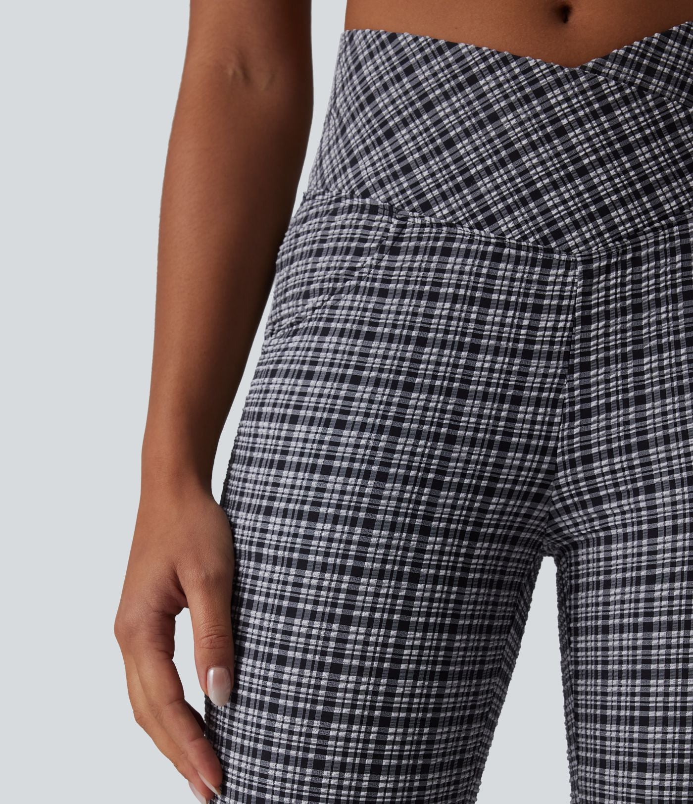 Pantalon évasé taille haute croisée ventre plat à carreaux en tissu froissé séchage rapide avec poches