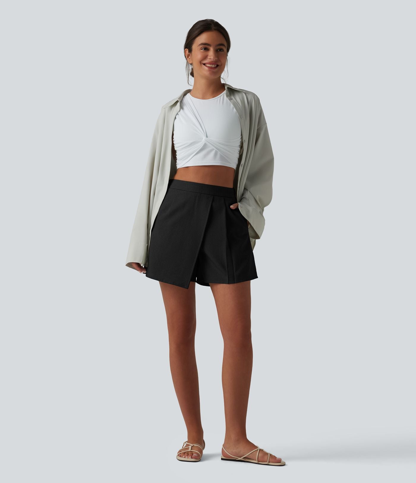 Jupe-short plissée taille haute casual infroissable aspect lin avec poches