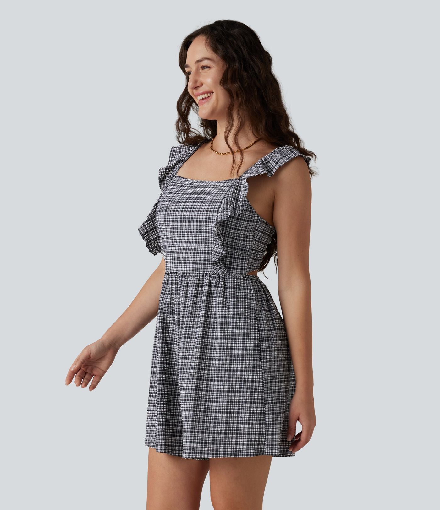 Combinaison short décontractée dos nu torsadé à volants carreaux froissés avec poches, séchage rapide - Easy Peasy