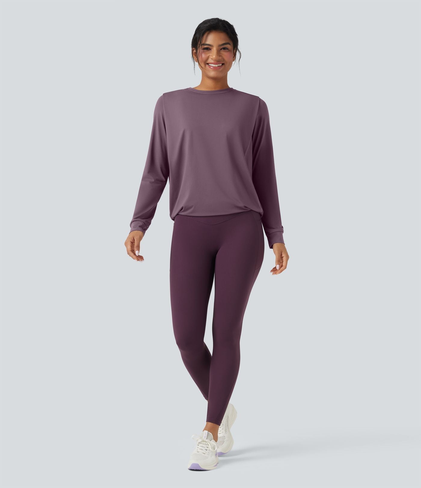Haut de sport yoga col rond manches longues froncé - UPF50+