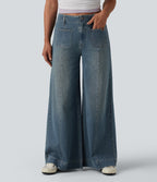 Halara Flex™ Jean large Palazzo et Taille Haute avec Poches Avant en Tricot Extensible Lavé