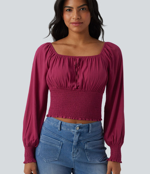 Blouse casual froncée à col carré et manches bouffantes