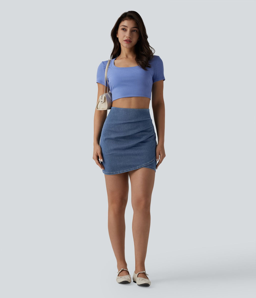 Jupe mini moulante décontractée Halara Flex™ en denim taille haute froncée ourlet croisé