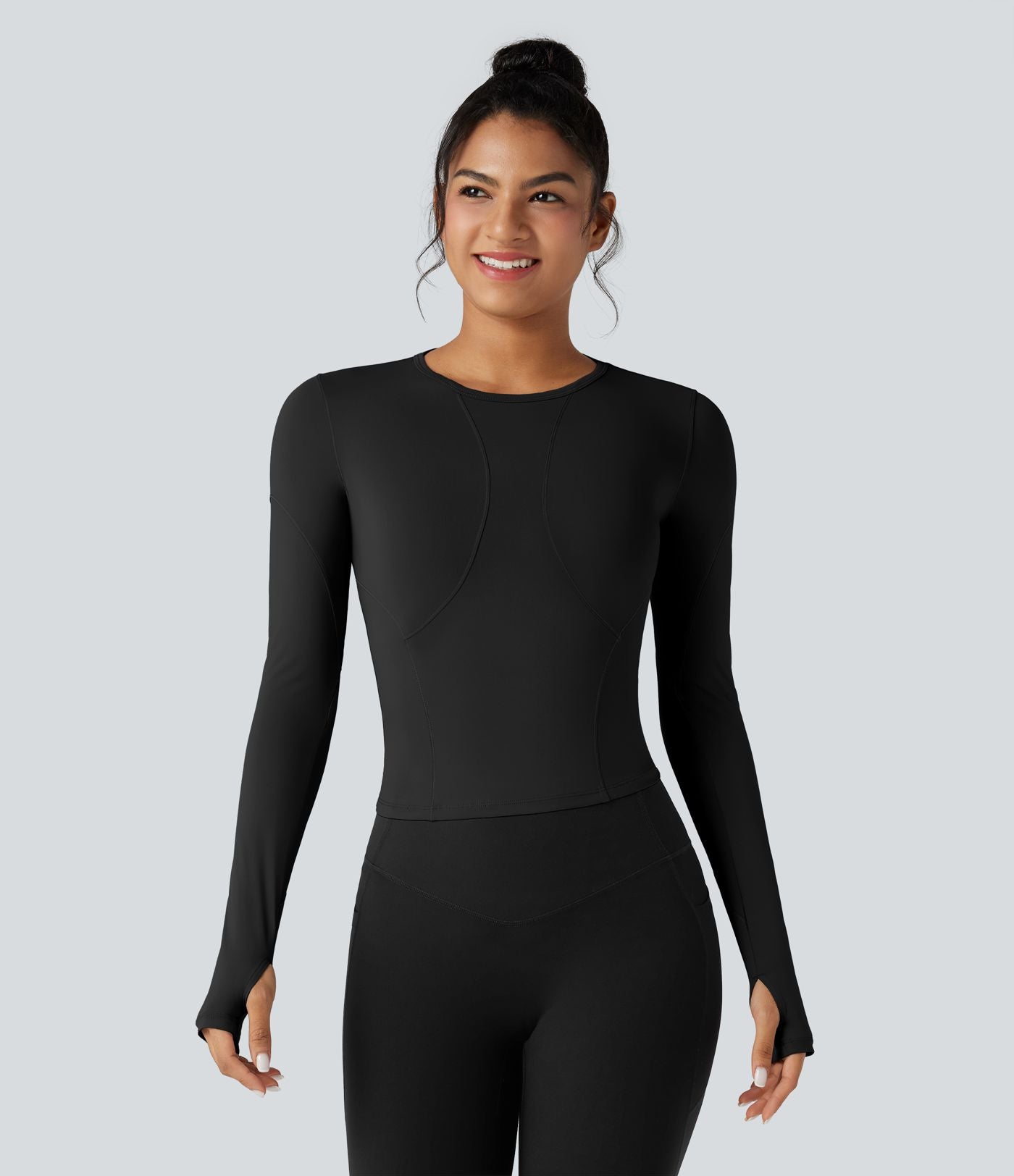 Top de sport yoga col rond manches longues avec trous pouces