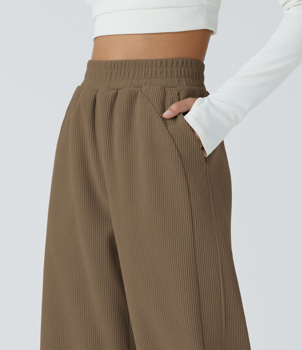 Pantalon velours côtelé de jogging décontracté à taille haute avec poches latérales