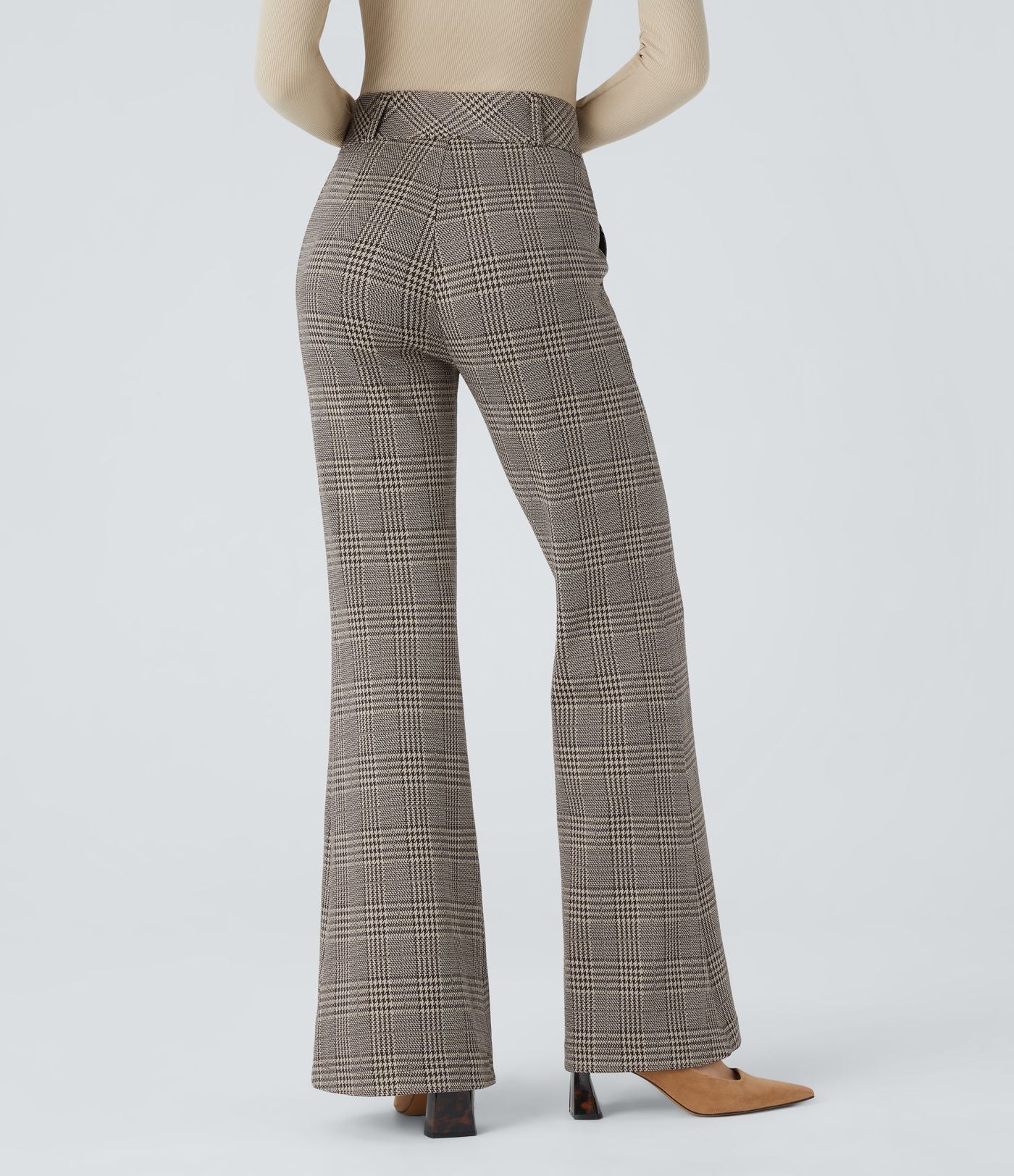 Halara Flex™ Pantalon tailleur évasé à carreaux pied-de-poule, taille haute avec boutons décoratifs et poches latérales