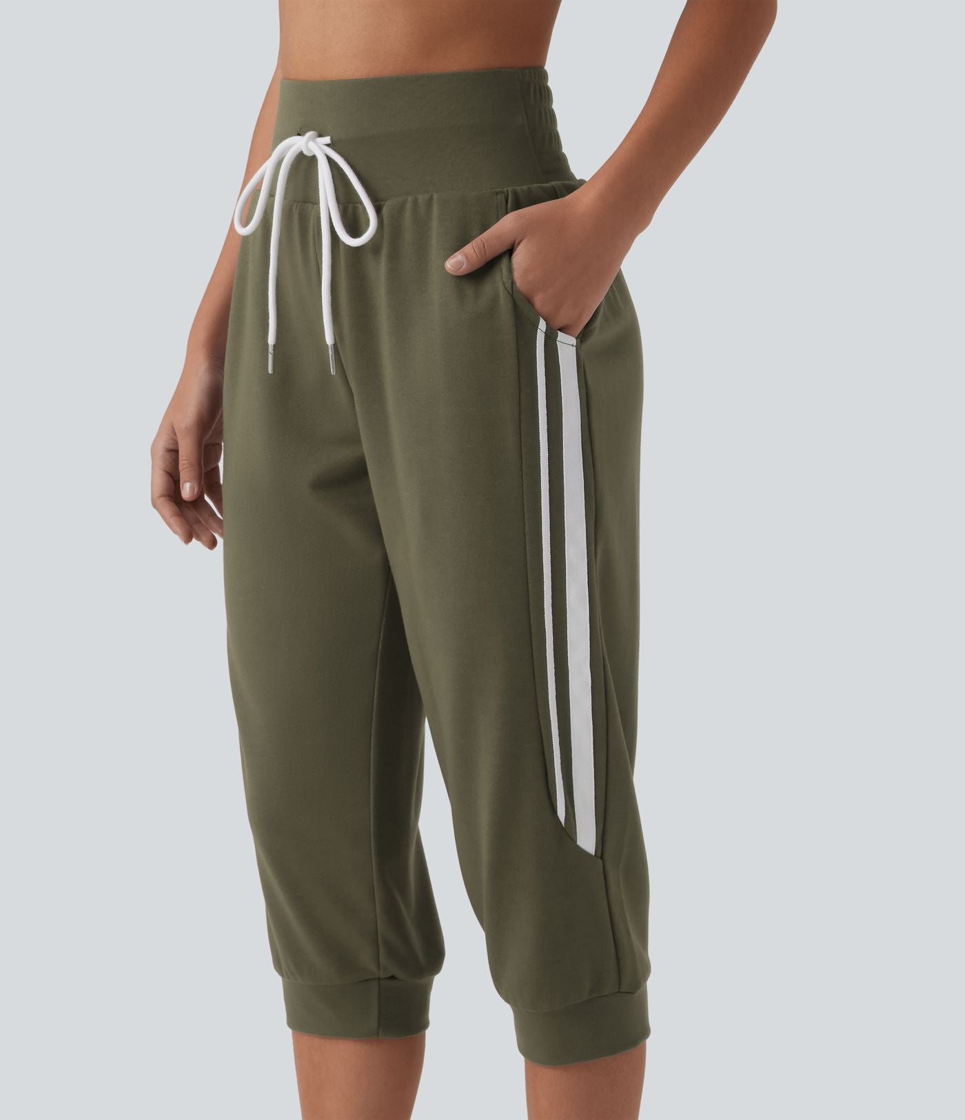Jogging casual capri à rayures taille haute avec cordon de serrage et poches